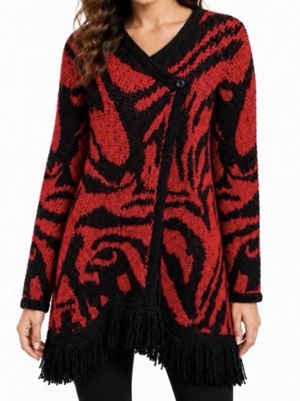Chico's Abstract Animal Print Fringe Cardigan Jacket Red Black Wrap Sweater 0 /S